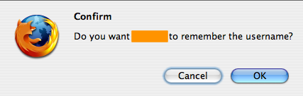 Dialog box reading 'Confirm: Do you want [deleted] to remember the username?'