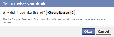 Facebook 'Tell us why you didn't like this ad' dialog box